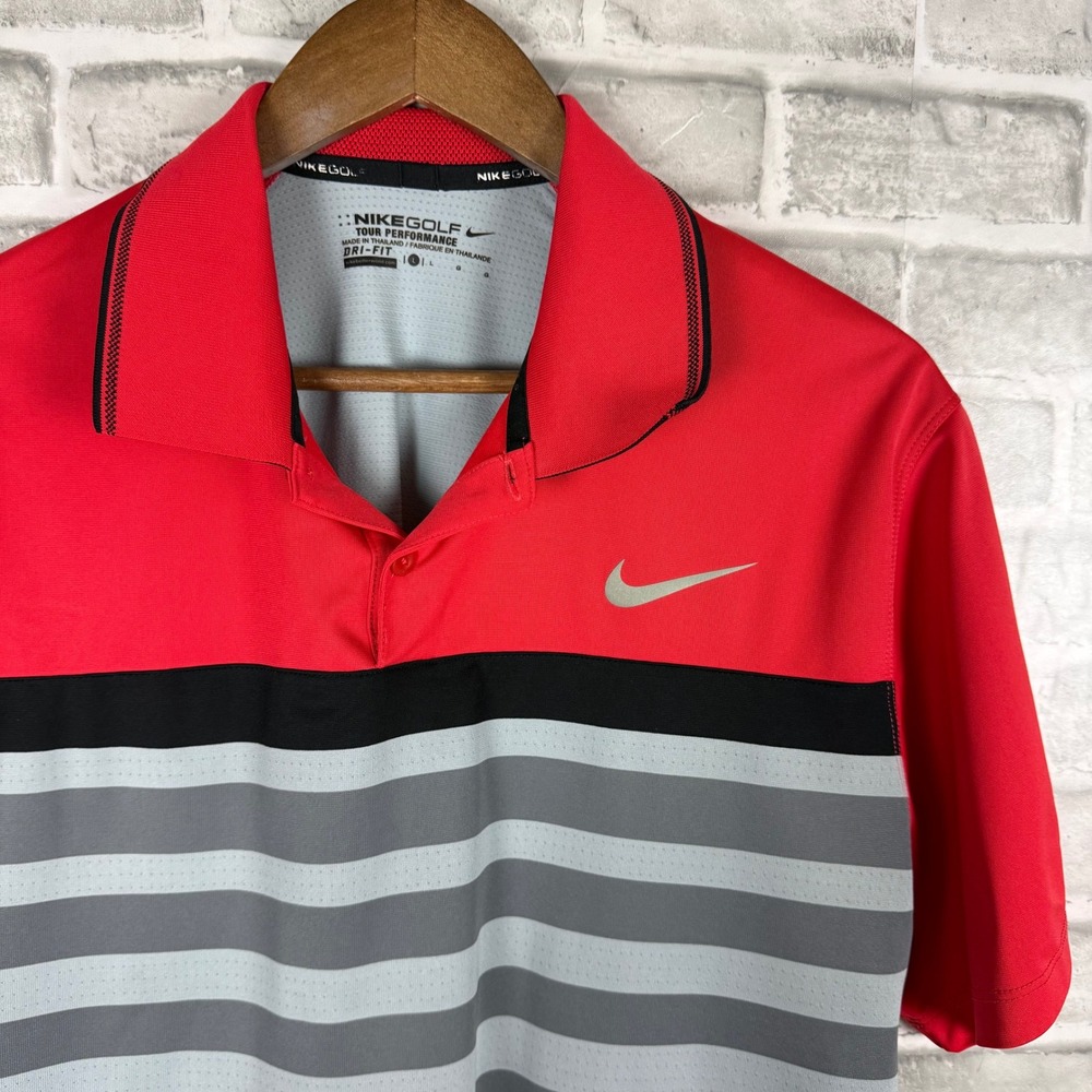 Nike Golf Tour Performance Dri-FIT Polo Shirt Red Grey Striped 619836-660 Mens L